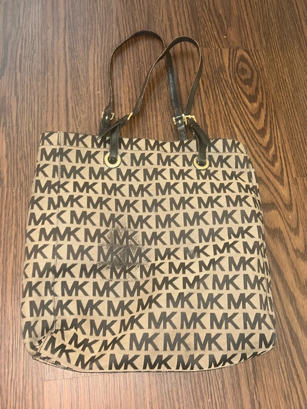 Michael Kors Brown and Beige MK Logo Tote with Black Straps, used